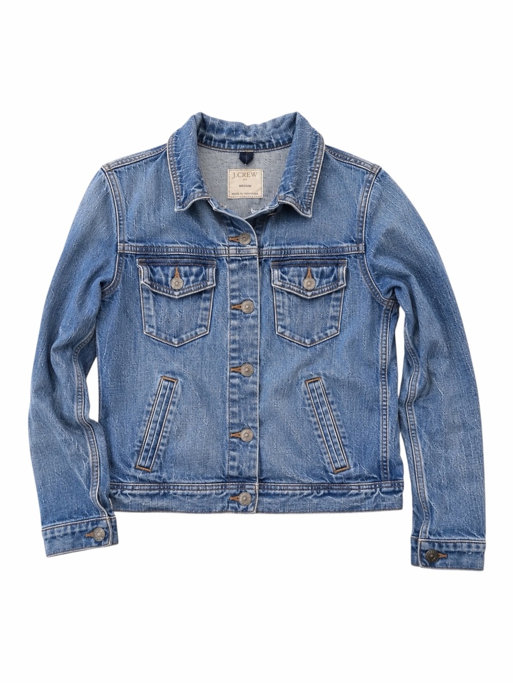 J.Crew Medium Classic Blue Denim Trucker Jacket Stretch Jean Jacket Button Front